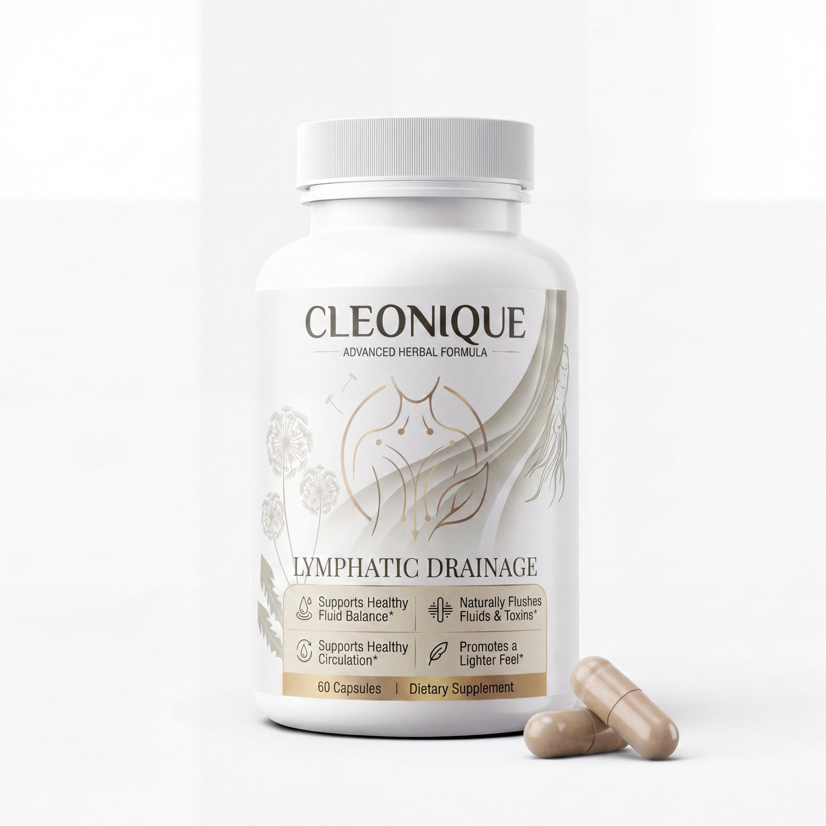 CLEONIQUE Lymphatic Drainage Supplement – Lymph Support Capsules with Dandelion, Burdock, Cleavers & Echinacea – Supports Healthy Fluid Levels, Debloat & Daily Lymphatic Wellness – 60 Vegan Capsules
